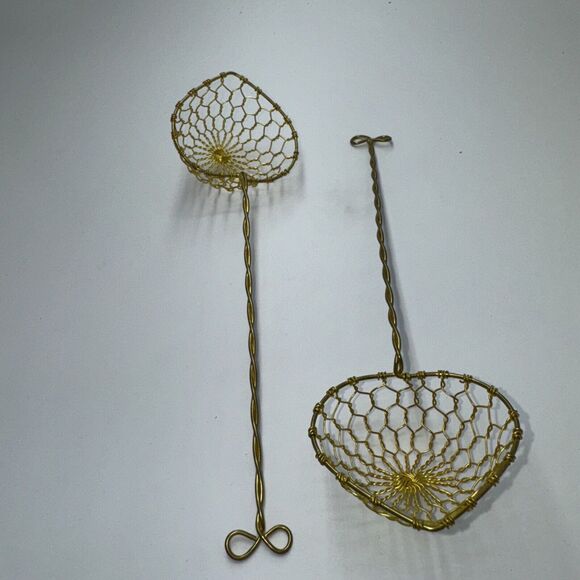 2 NEW Vintage Brass Wire Mesh Strainer Scoops 9x2" STRAINERS Asian Chinese Gold - Picture 2 of 8